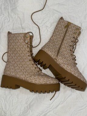 Michael Kors Beige/Tan Logo Lace-Up Platform Combat Boots
